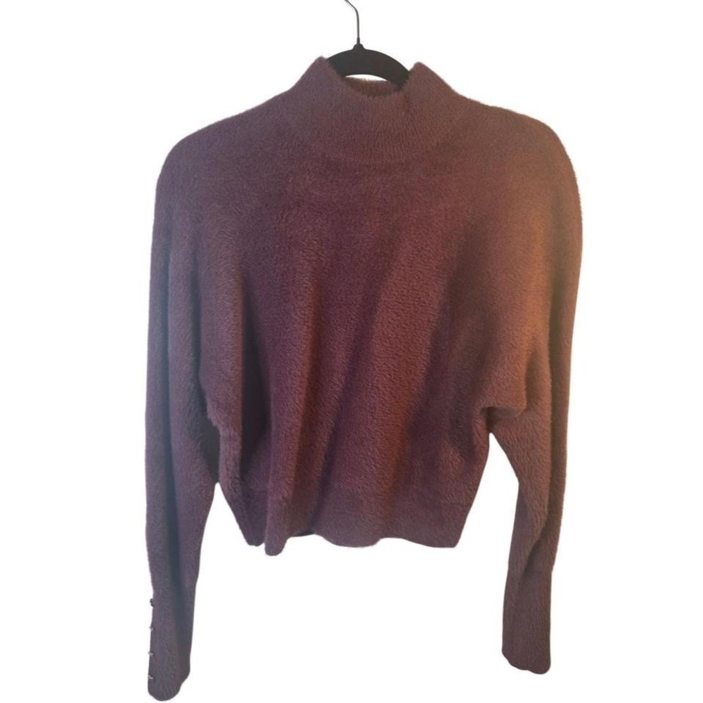 Bailey 44 Womens XS Plum Purple Eyelash Knit Mock Neck Button Cuff Sweater